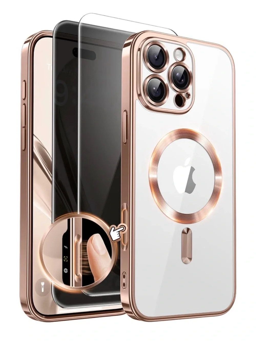 Clear Phone Case with Rose Gold MagSafe Ring and Camera Protection